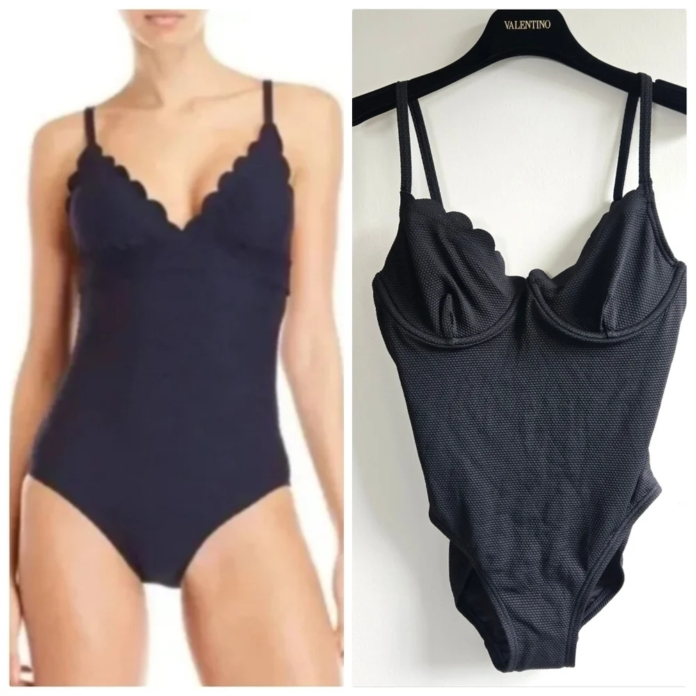 New Kate Spade Maillot Scallop Black One Piece Swimsuit Small NWT